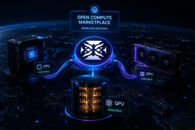 The image shows an "OPEN COMPUTE MARKETPLACE" labeled "WORKLOAD MATCHING," featuring a central hub connecting available CPUs, GPUs, and QPUs (quantum processing units), with light streams flowing from each hardware unit into a glowing central chamber—visually illustrating how a decentralized network could route diverse workloads to specialized compute resources.