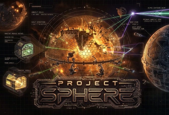 A futuristic sci-fi concept image shows a glowing spherical space habitat with a honeycomb interior, orbital structures, and technical callouts. Large title text reads “PROJECT SPHERE,” with labels including “UNBUILT CELLS,” “GUILT STRUCTURE,” “HABITAT MODULE DETAILZ,” “ALPHA CENTAURI BEAM,” and “PRIMARY HABITAT ZONE.”