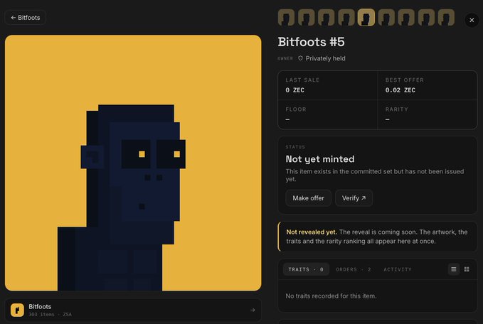 An NFT marketplace interface displaying 'Bitfoots #5', a pixel art of a dark blue character with status 'Not yet minted', 'Privately held', last sale 0 ZEC, and best offer 0.02 ZEC.