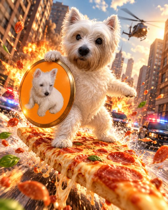 A whimsical, digitally-rendered scene features a fluffy white dog holding a glowing orange medallion depicting another puppy, standing on a slice of pepperoni pizza amidst fiery city chaos, pepperoni slices, and a police helicopter.