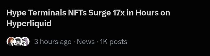 A headline reads 'Hype Terminals NFTs Surge 17x in Hours on Hyperliquid' posted 3 hours ago with 1K posts.