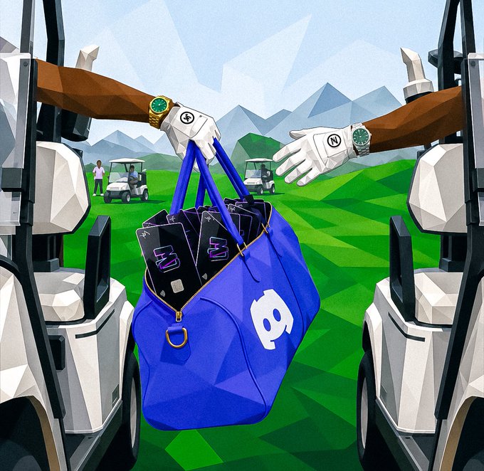 The image depicts a stylized illustration of two gloved hands holding a blue duffel bag marked with a "G" logo on a golf course, with the bag containing items labeled "GMAV" and "N." This ties directly into the announcement that the GMAV Mavericks Discord server is now live for holders, offering exclusive early alpha access and community features to connect with creators in the project's golf-themed ecosystem.