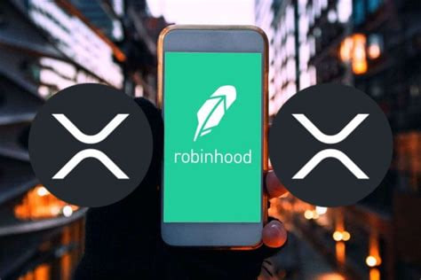 A hand holds a smartphone displaying the Robinhood app logo (green screen with feather icon and "robinhood" text) flanked by two XRP logos against a blurred city street backdrop, visually promoting the upcoming Wallet v1.6.0 update's Robinhood Chain integration.