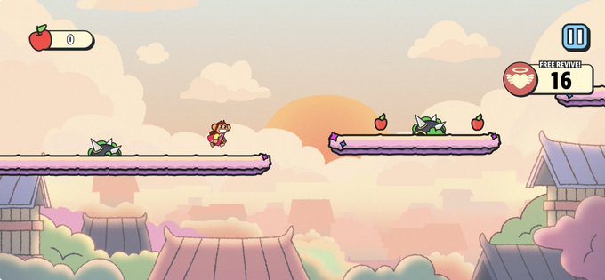 A screenshot from a 2D platformer game featuring a Mario-like character with apple collectibles, green enemy creatures on rooftops, and a sunset sky background; UI shows 0 apples, 'FREE REVIVE 16', and a pause button.