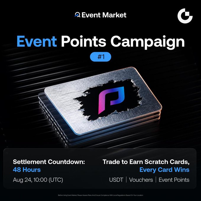 Promotional banner for an "Event Points Campaign #1" on Event Market, featuring a stylized scratch card graphic and noting a 48-hour settlement countdown ending Aug 24, 10:00 (UTC), where trading earns scratch cards with USDT, Vouchers, and Event Points as prizes.