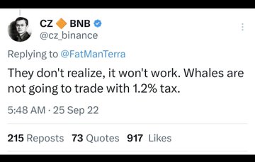 A tweet from CZ Binance (@cz_binance) replies to @FatManTerra, stating: "They don't realize, it won't work. Whales are not going to trade with 1.2% tax." The accompanying post disputes this explanation, arguing it's a fabricated justification for declining Terra volume, since Binance can update a chain's tax immediately but supposedly needs weeks to adjust trading fees.