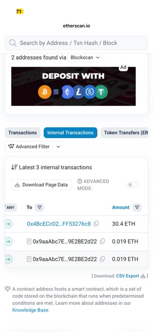 A screenshot of Etherscan.io showing a "Latest 3 internal transactions" panel, where 30.4 ETH was transferred to address `0x4BcECc02...FF53276c8` and two 0.019 ETH transfers were sent to `0x9aaAbc7E...9E2BE2d22`, illustrating the founder's rapid 30 ETH withdrawal from the project wallet referenced in the post.