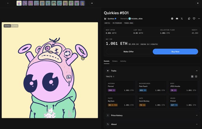 An NFT marketplace listing page for 'Quirkies #501', priced at 1.061 ETH, showing a purple, wide-eyed cartoon character with various trait statistics like Antenna, Background, Body, Faces, Hats, and Heads.