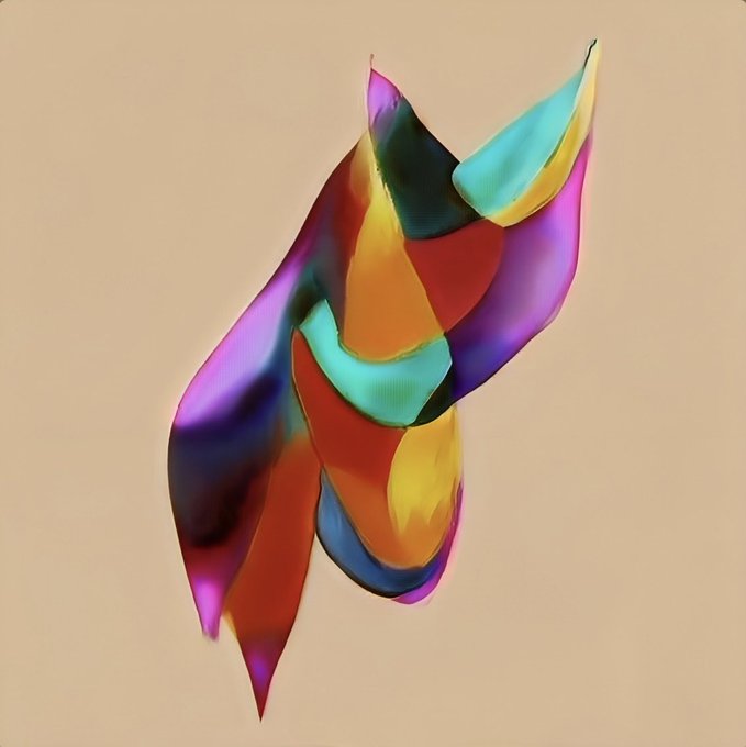 A vibrant, abstract 3D digital artwork featuring flowing, ribbon-like shapes in bold colors (magenta, orange, yellow, and cyan) against a soft peach background, matching the "loving" theme of this 1/1 NFT piece listed at 124 ETH.