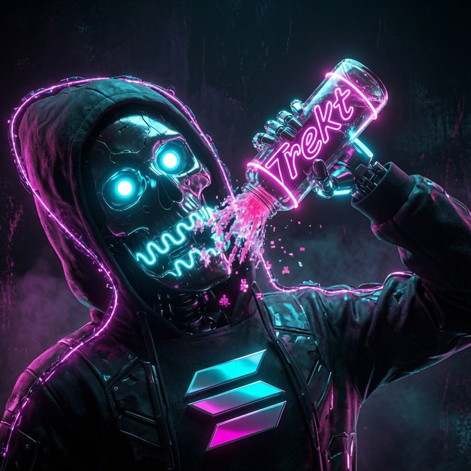 The image features a person wearing a hoodie and a skull mask, drinking from a neon soda bottle while surrounded by purple lights. The caption reads "Solana bringing that neon energy straight to the real world with Rekt Drinks". This suggests that the image is promoting a product or brand related to the concept of "rekt" culture, which could be a subculture or lifestyle associated with hipster and alternative music scenes. The person's actions and the surrounding environment create an atmosphere reminiscent of the "hacker chic" or "rekt" aesthetic often seen in pop culture.