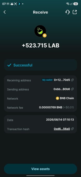 A mobile wallet screenshot showing a successful crypto transaction to receive '+523.715 LAB' tokens on the BNB Chain network, dated 2026/08/14.
