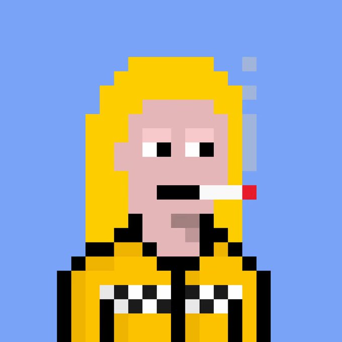 A pixel art illustration depicts a blonde-haired character smoking a cigarette against a blue background, resembling the "Cigarette Girl" aesthetic associated with the Nakamigos NFT collection referenced in the post.