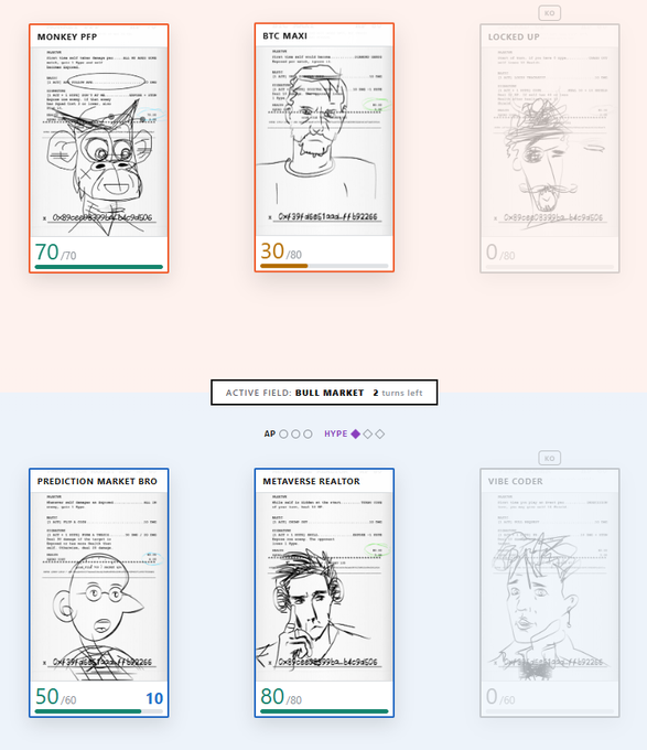 A trading-card style game interface displays two teams of illustrated crypto-themed characters—Monkey PFP (70/70) and BTC Maxi (30/80) on one side, facing Prediction Market Bro (50/60) and Metaverse Realtor (80/80) on the other—alongside locked/KO'd cards, with an "ACTIVE FIELD: BULL MARKET" banner linking it to the "save Ethereum" game and an upcoming FWAir Launch featuring 1000 fully onchain drawings on TokenWorks.