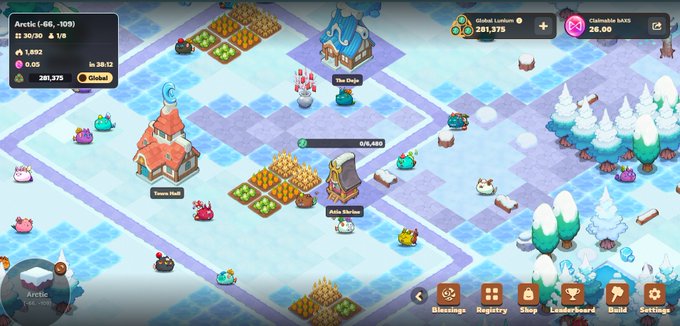 A screenshot of a city-building strategy game set in an Arctic region, showing a snowy isometric landscape with buildings like 'Town Hall' and 'Aisle Shelter', along with various cute monster characters and resource indicators (281,375 Global Luxfare, 26:00 Claimable bRES).