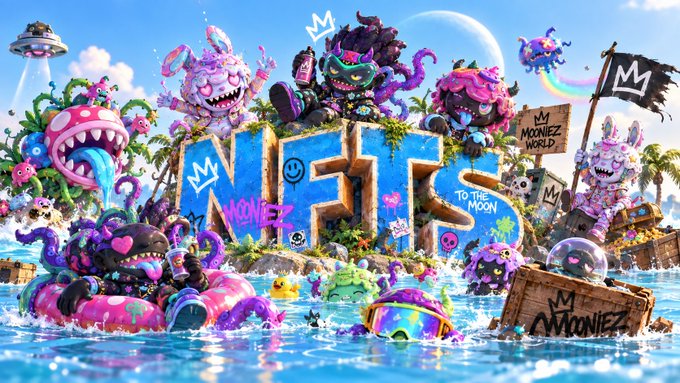 A colorful, chaotic digital artwork featuring various cartoonish, monstrous characters with purple tentacles and vibrant colors in a water park setting, centered around the large 3D text 'NFT' and a sign reading 'MOONIEZ WORLD'.
