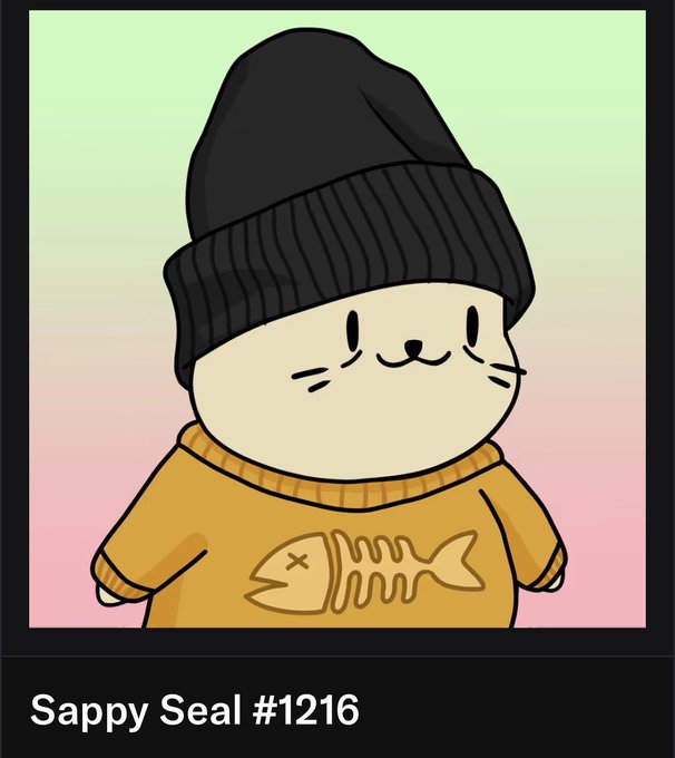 An illustration of a cute cartoon seal character wearing a black beanie and a mustard yellow sweater with a fish skeleton design, labeled 'Sappy Seal #1216'.