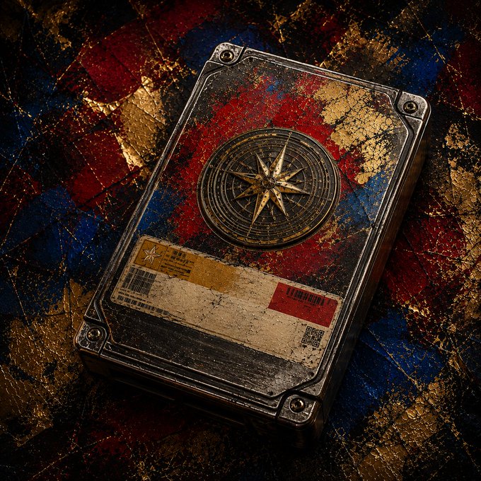 A digital artwork of a worn, antique metal-bound book or tome featuring a compass rose design on its weathered cover, resting on a similarly distressed surface with red, blue, and gold colors.