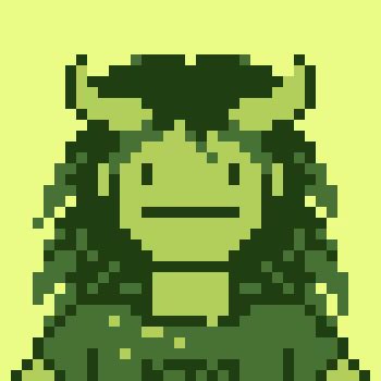 A simple pixel art drawing of a green, horned monster with a neutral expression and a tuft of hair on its head, set against a pale green background.