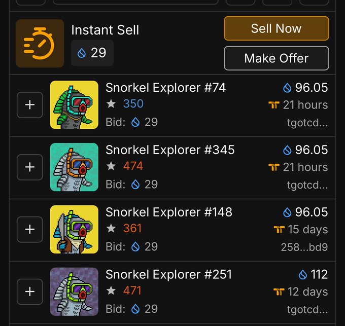 The image shows a marketplace listing for four "Snorkel Explorer" NFTs (#74, #345, #148, #251) with stats ranging from 350-474 stars, all priced at 112 or 96.05 ETH with current bids of 29 ETH. This relates to the post by illustrating the "practically free" valuation mentioned—showing that despite star ratings above 350, the Snorkel Explorers are listed at high ETH prices with bids sitting at just 29 ETH.