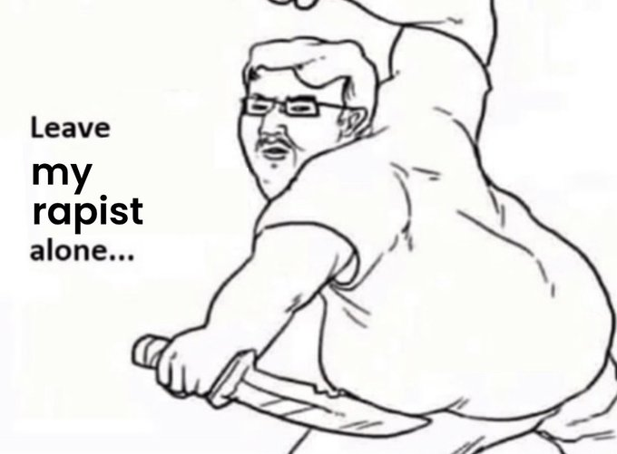 !!! Leave My Racist Alone!!! is written in black text above a black and white line drawing of a man holding a knife with his fist raised, wearing glasses and a t-shirt.