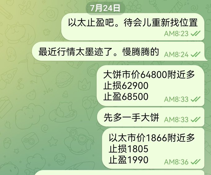 A Chinese-language chat conversation from July 24 with timestamps, discussing crypto trading strategies including taking profits on Ethereum and long positions on Bitcoin (大饼) at 64,800 with stop loss 62,900 and take profit 68,500.