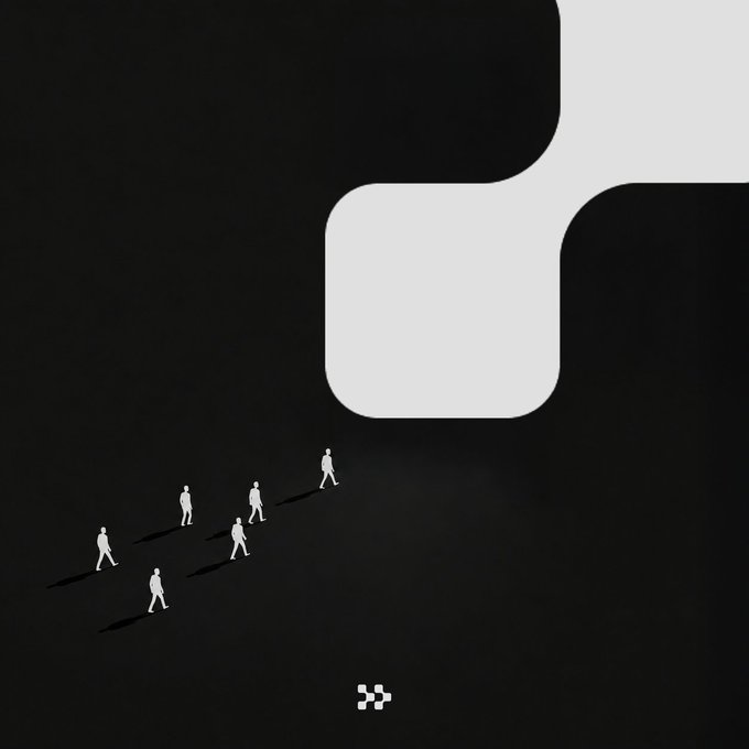 A minimalist digital artwork featuring small white silhouette figures walking across a dark background toward a large glowing white logo, with a small pixelated icon at the bottom.