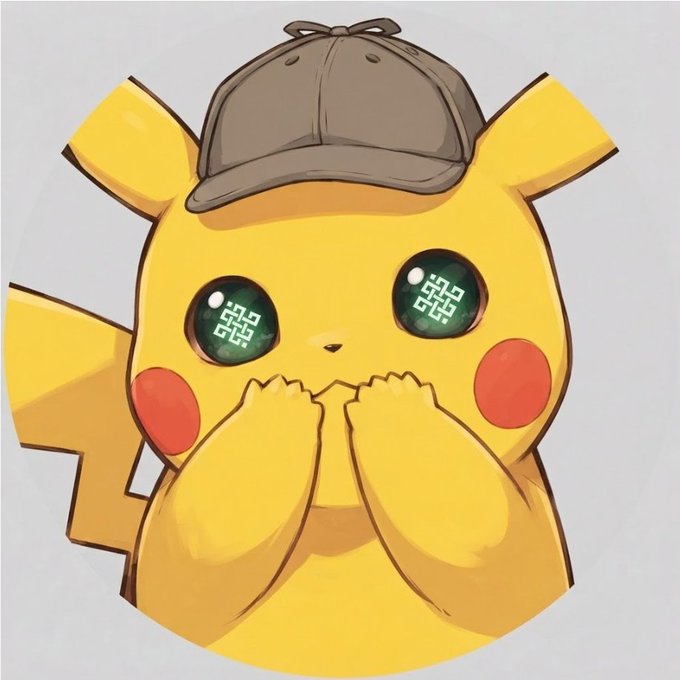 An illustration of Detective Pikachu, the yellow Pokémon wearing a detective's deerstalker cap, with digital QR-code-like patterns reflected in his large green eyes, covering his mouth with both paws.