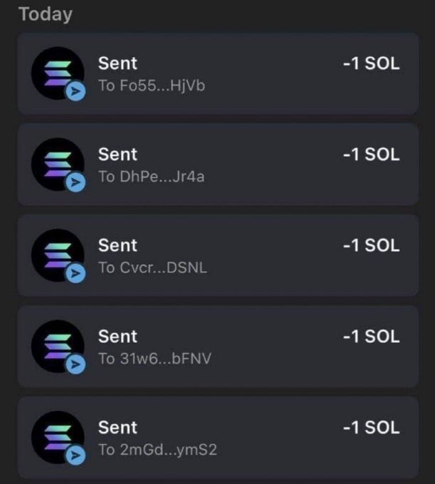 A screenshot of a cryptocurrency wallet's transaction history shows five identical "Sent" transactions of "-1 SOL" to various recipient addresses (Fo55...HjVb, DhPe...Jr4a, Cvcr...DSNL, 31w6...bFNV, and 2mGd...ymS2). The activity log appears to document the sender fulfilling a giveaway promise by distributing 1 SOL each to multiple recipients, matching the post's claim of giving 1 SOL to participants who dropped their addresses.