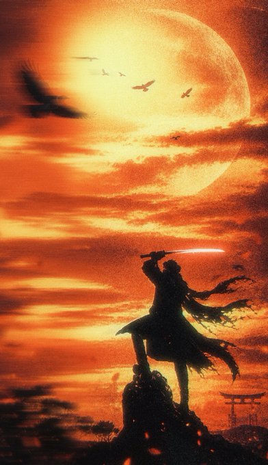 A silhouette of a warrior holding a glowing sword stands atop a rock against a massive orange moon and fiery sky, with birds flying overhead and a torii gate in the distance.