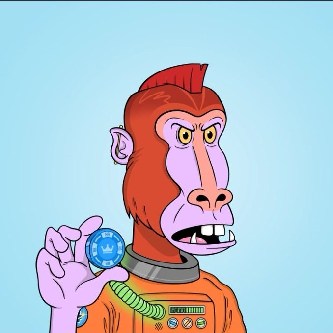A cartoon illustration of a purple-faced ape or monkey character in an orange spacesuit holding up a blue coin with a crown emblem on a light blue background.