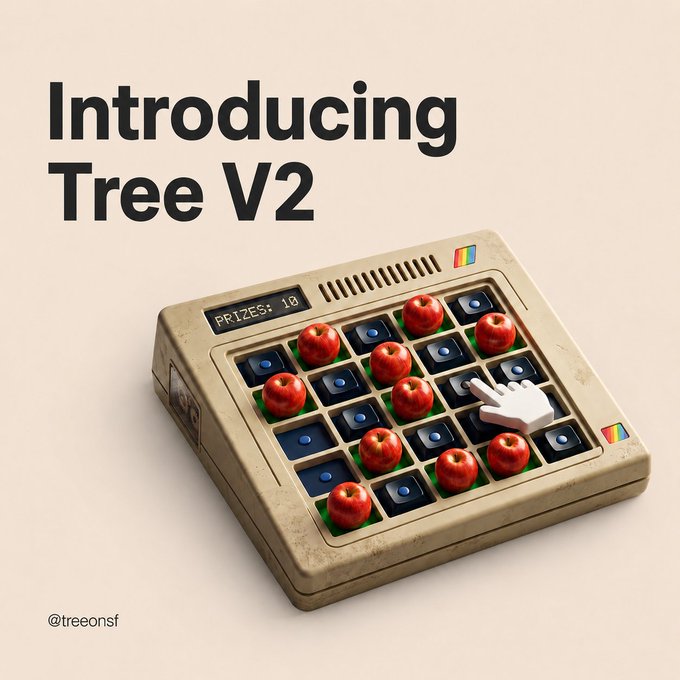 A promotional graphic introducing 'Tree V2' featuring a 3D-rendered beige retro gaming console with red apples and blue buttons, with a pixelated hand cursor pointing at a button, tagged '@treeonsf'.