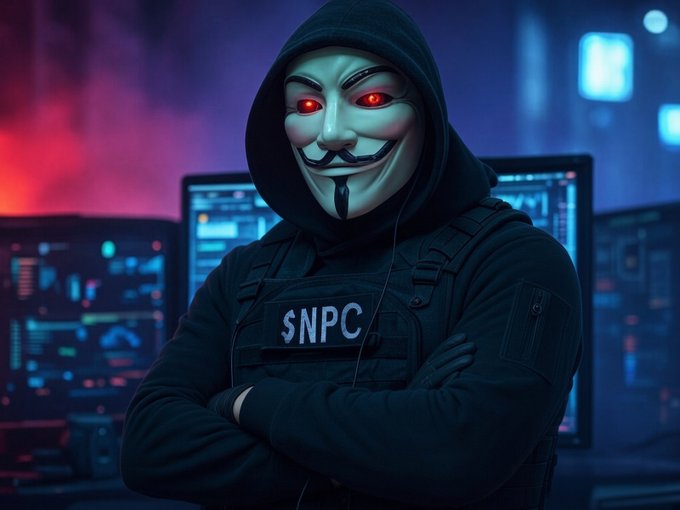 A digital illustration of a hooded figure wearing a Guy Fawkes/V for Vendetta mask with red eyes and a tactical vest labeled 'SNPC', standing with crossed arms in a cyberpunk setting with monitors in the background.