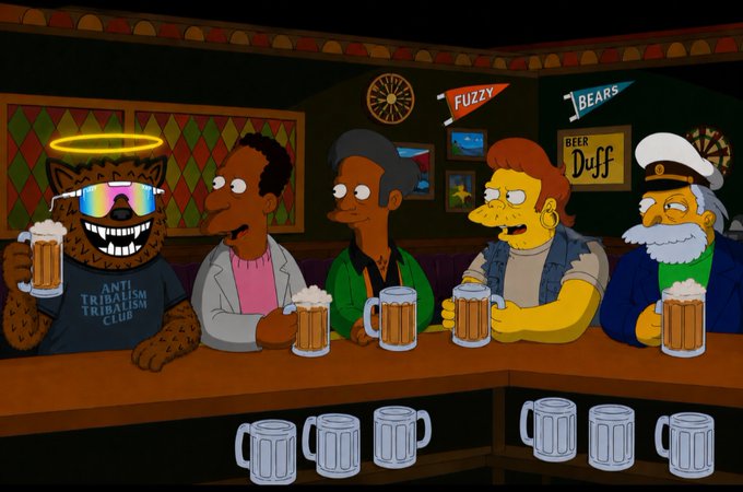 A cartoon scene from The Simpsons showing characters drinking beer at a bar, with one character wearing a shirt that reads 'ANTI TRIBALISM TRIBALISM CLUB' alongside pennants labeled 'FUZZY' and 'BEARS'.