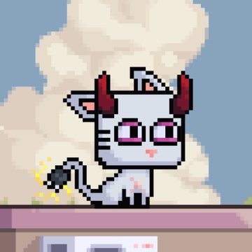 A pixel art illustration of a cute white cat-like creature with red horns and a striped tail, sitting on a ledge with clouds in the background.