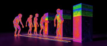 An abstract digital art piece featuring human evolution silhouettes rendered in rainbow colors alongside colorful vertical bars against a black background.