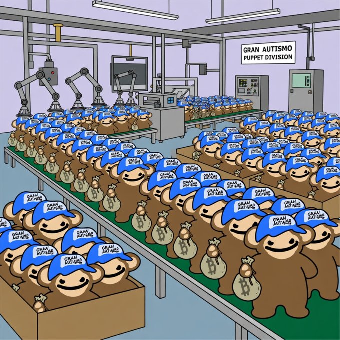 A cartoon-style illustration shows rows of brown figures wearing blue 'Gran Autismo' caps holding Bitcoin money bags on a factory conveyor belt, with a sign reading 'GRAN AUTISMO PUPPET DIVISION.'