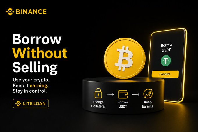 The image is a Binance promotional graphic for "Lite Loan," featuring the bold headline "Borrow Without Selling" and the tagline "Use your crypto. Keep it earning. Stay in control." It visually illustrates the Lite Loan process with icons showing "Pledge Collateral" → "Borrow USDT" → "Keep Earning," alongside a smartphone interface confirming a USDT loan and a golden Bitcoin coin—directly reinforcing the post's message about using $BTC as collateral to borrow $USDT while continuing to earn through Simple Earn Flexible Products.