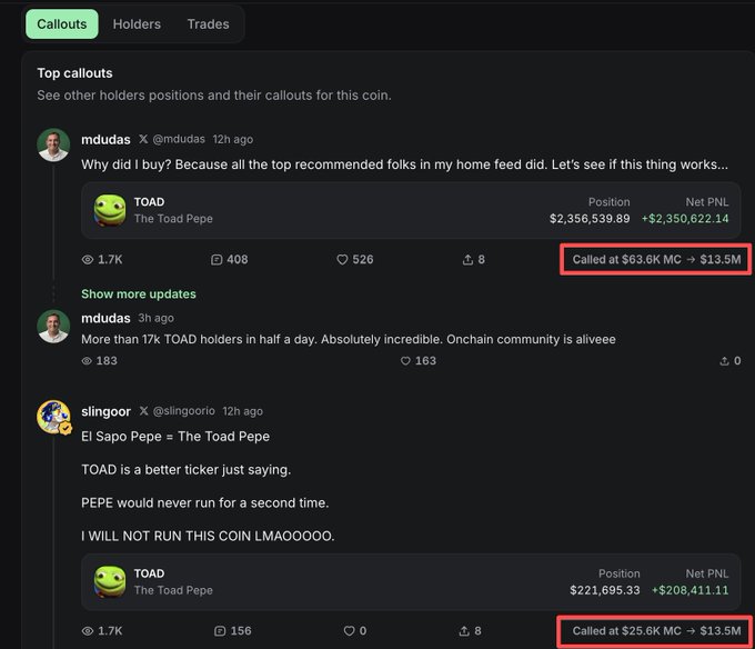 A screenshot of a crypto social platform's "Callouts" tab showing top holders discussing $TOAD (The Toad Pepe), with user "mdudas" calling at $63.6K MC and "slingoor" calling at $25.6K MC (both highlighted in red), highlighting the token's rapid rise to 13.5M peak before retracing to 10M as described in the post.