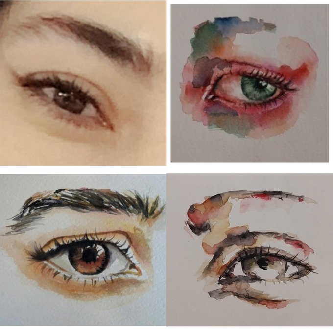 A four-panel composite of watercolor and pencil drawings focusing on detailed artistic renderings of human eyes and eyebrows.