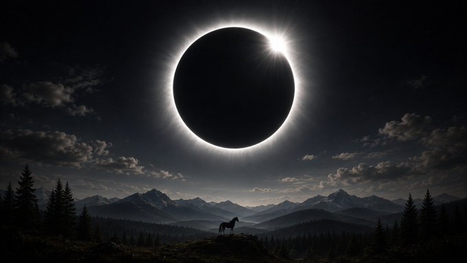 A total solar eclipse casts its shadow over a dramatic mountain landscape, with a lone horse silhouetted on a ridge beneath the glowing corona. The image evokes themes of mystery and revelation, mirroring the post's message about bringing privacy into the open—much like the moon's darkness momentarily unveiling the sun's hidden light, making the unseen seen as naturally as a name.