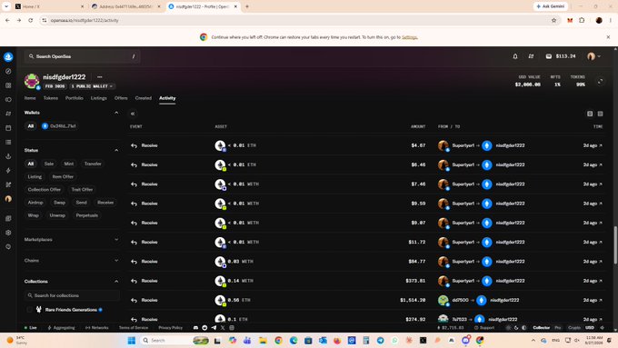 A screenshot of the OpenSea website showing the activity page for wallet '0xd5ffB6F1222' with various NFT transactions listed, displaying a portfolio value of $133.34 and total trades of 40.