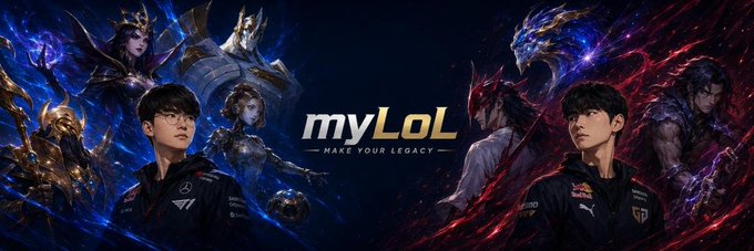 A promotional banner for 'myLoL - MAKE YOUR LEGACY' featuring League of Legends esports players and fantasy character art against a dark, cosmic backdrop.