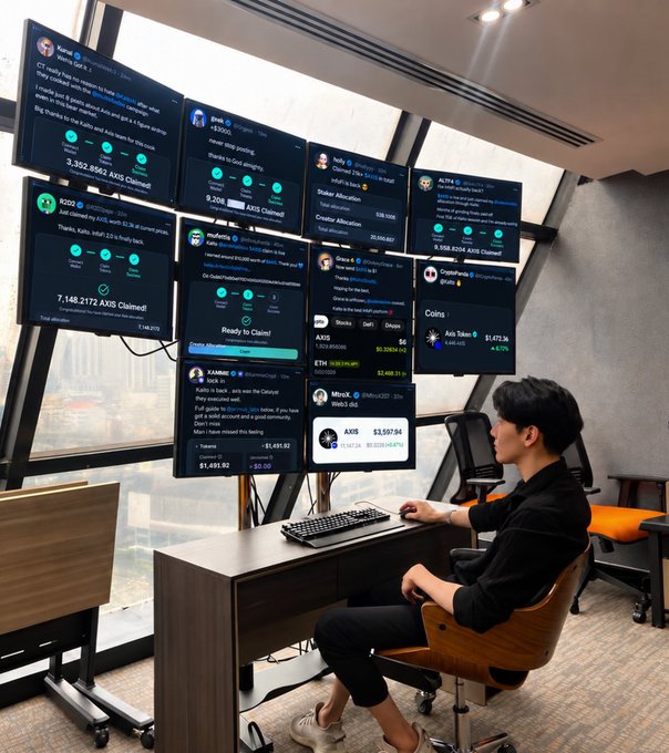 A stylized office scene shows a seated person at a desk facing a wall of cryptocurrency token claim panels, including Bitcoin, Ethereum, Solana, BNB Chain, and other crypto projects.