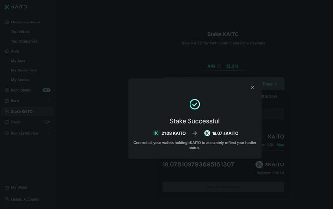 A dark-themed cryptocurrency interface showing a 'Stake Successful' confirmation for 21.08 KAITO yielding 18.07 sKAITO on the KAITO platform.