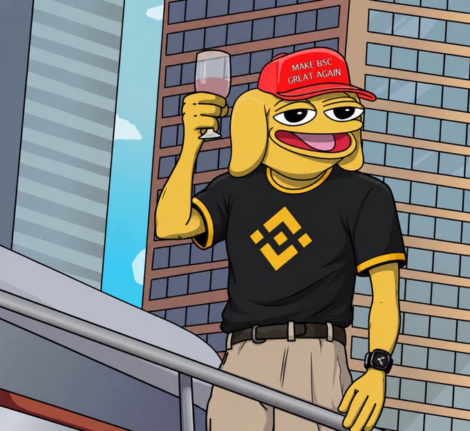 An animated, anthropomorphic dog wearing a Binance t-shirt, a 'MAKE BSC GREAT AGAIN' red hat, and a wristwatch raises a glass of wine while leaning against a railing with city skyscrapers in the background.