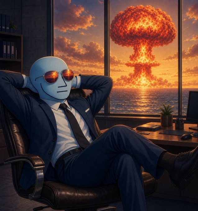 A digital illustration of a pale blue-skinned figure in a business suit reclining in an office chair, wearing sunglasses that reflect a massive fiery mushroom cloud over the ocean.