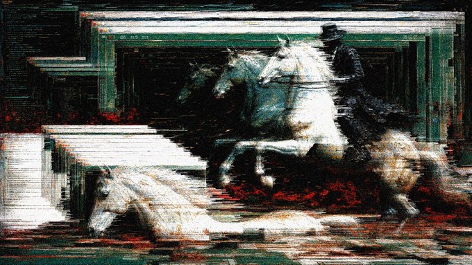 A glitched, distorted artistic image shows a person on horseback in what appears to be classical attire, with heavy horizontal line distortions across the picture.
