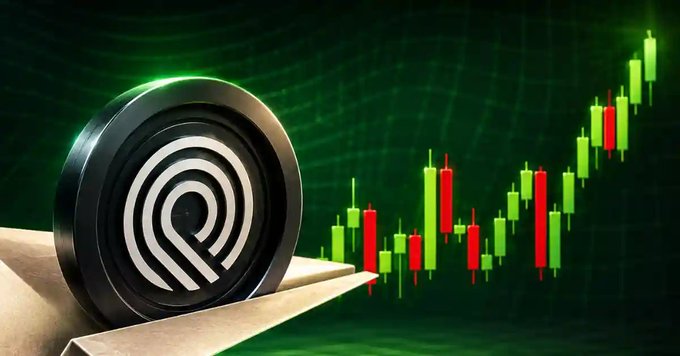 A digital image showing a black coin with a logo emerging from a box against a green background with rising candlestick chart patterns, suggesting cryptocurrency market activity.