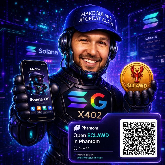 An AI-generated promotional image for $CLAWD on Solana featuring a man in futuristic armor with a 'MAKE SOLANA AI GREAT AGAIN' hat, holding a phone showing Solana OS and a $CLAWD token coin, with a Phantom wallet QR code.