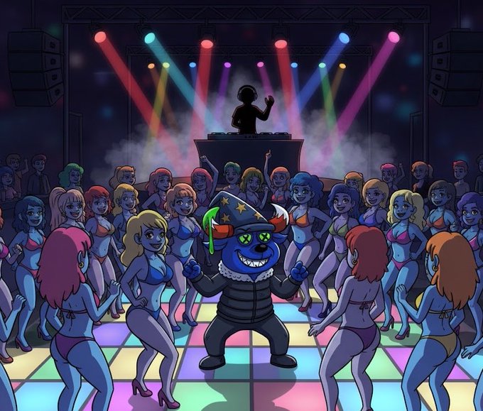 A cartoon scene shows a blue bear character wearing a wizard hat and tactical vest dancing on a colorful lit dance floor surrounded by women in bikinis, with a DJ silhouetted on stage behind colored spotlights.